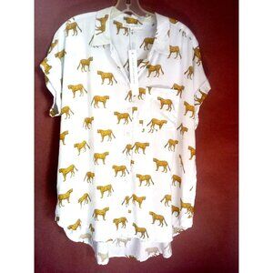 NWT Jane + Delancey Women Tiger Cheetah Print Button White Shirt Roll Tab Size L
